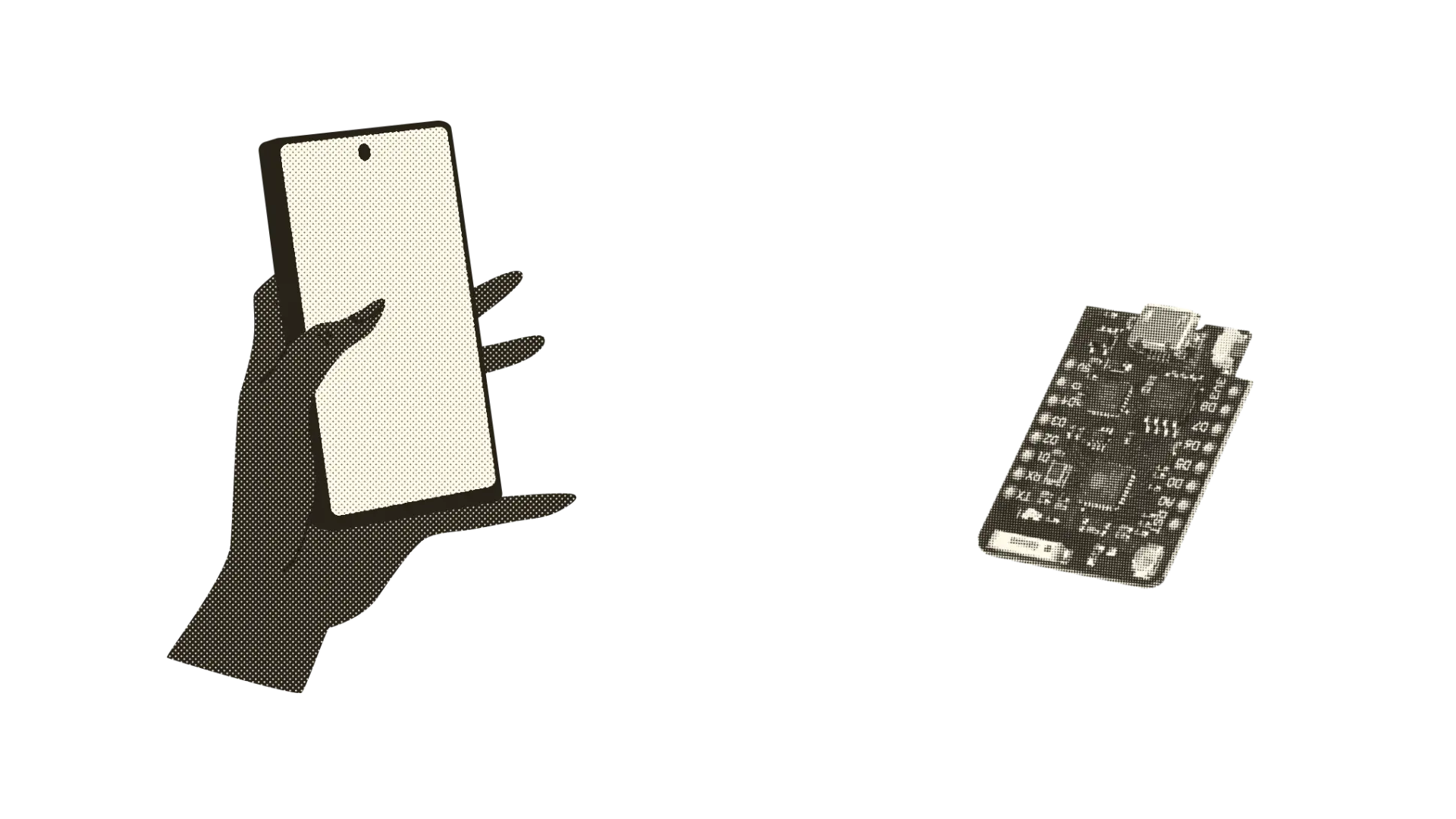 Animation of a WEMOS D1 Mini pro sending a signal to a cellphone help by a floating hand